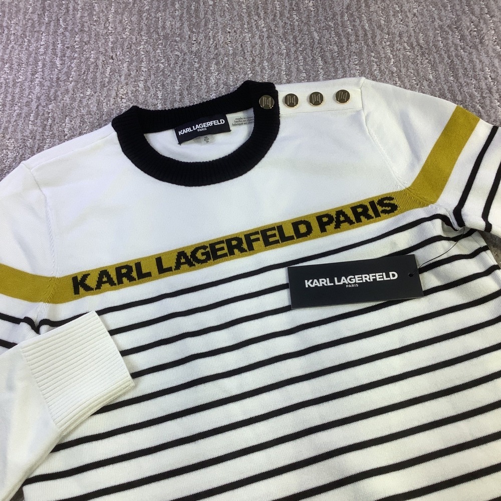 Karl Lagerfeld Paris Striped Sweater White Black Button Shoulder Size XS NWT